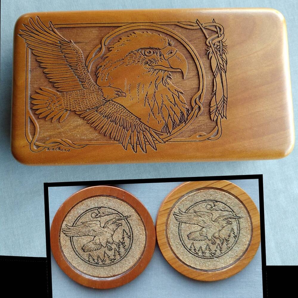 Wilderness Woods Eagle Box & Set of 8 Cork Coasters laser etched wood vintage